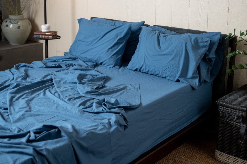 Indigo Crinkle Percale Organic Cotton Sheet Sets