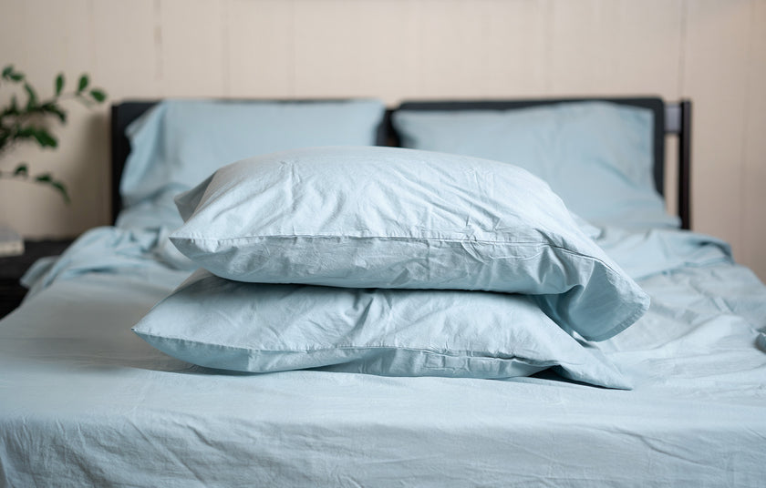 Mint Crinkle Percale Organic Cotton Pillowcase Set Stacked