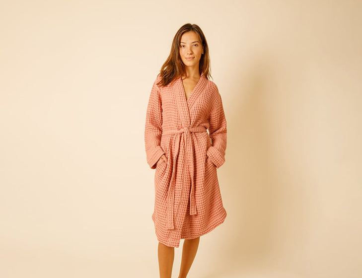 Organic Waffle Knit Robe Terracotta